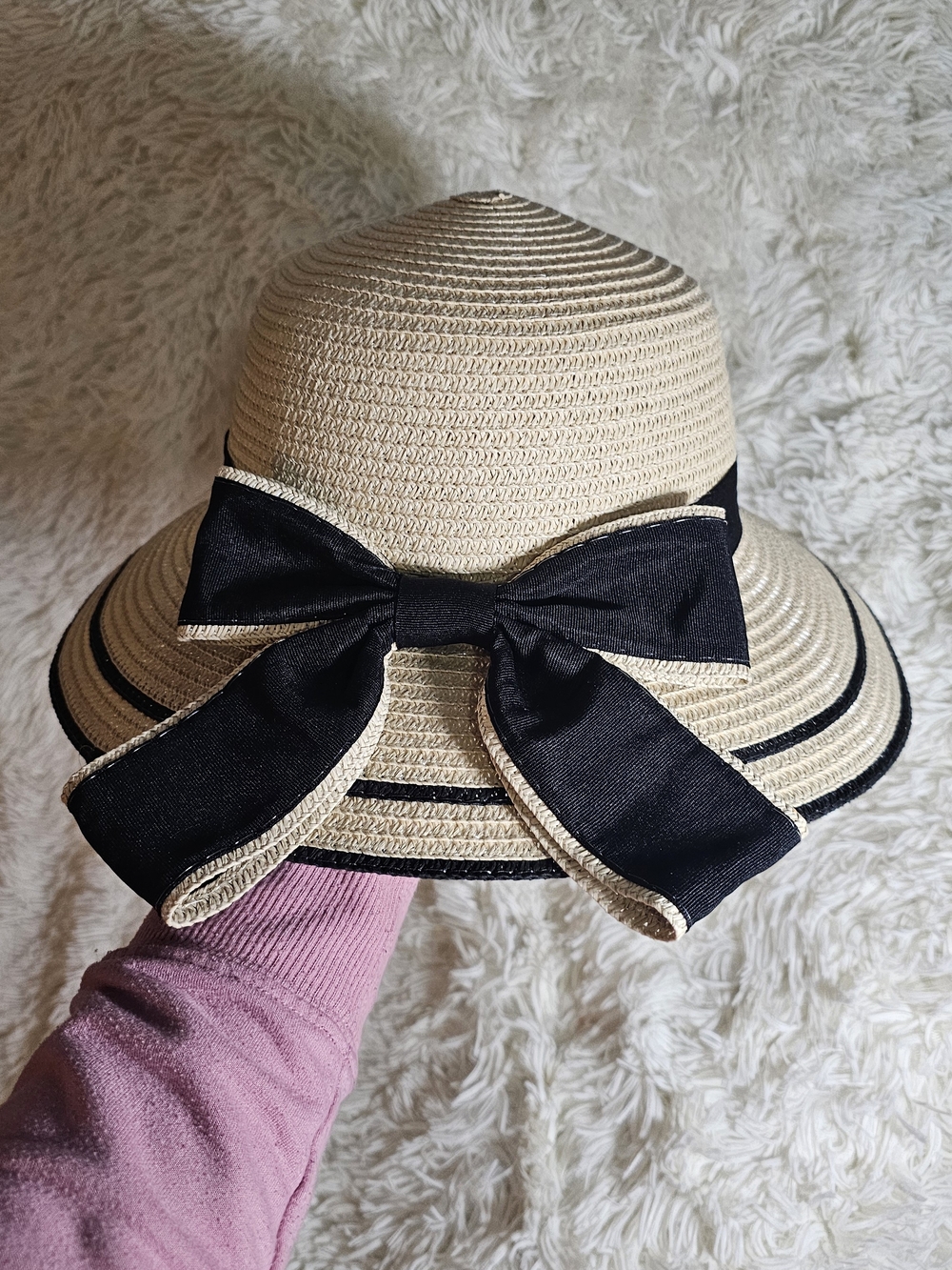 Girls Cream Straw Sun Hat with Black Bow - Kids Accessories